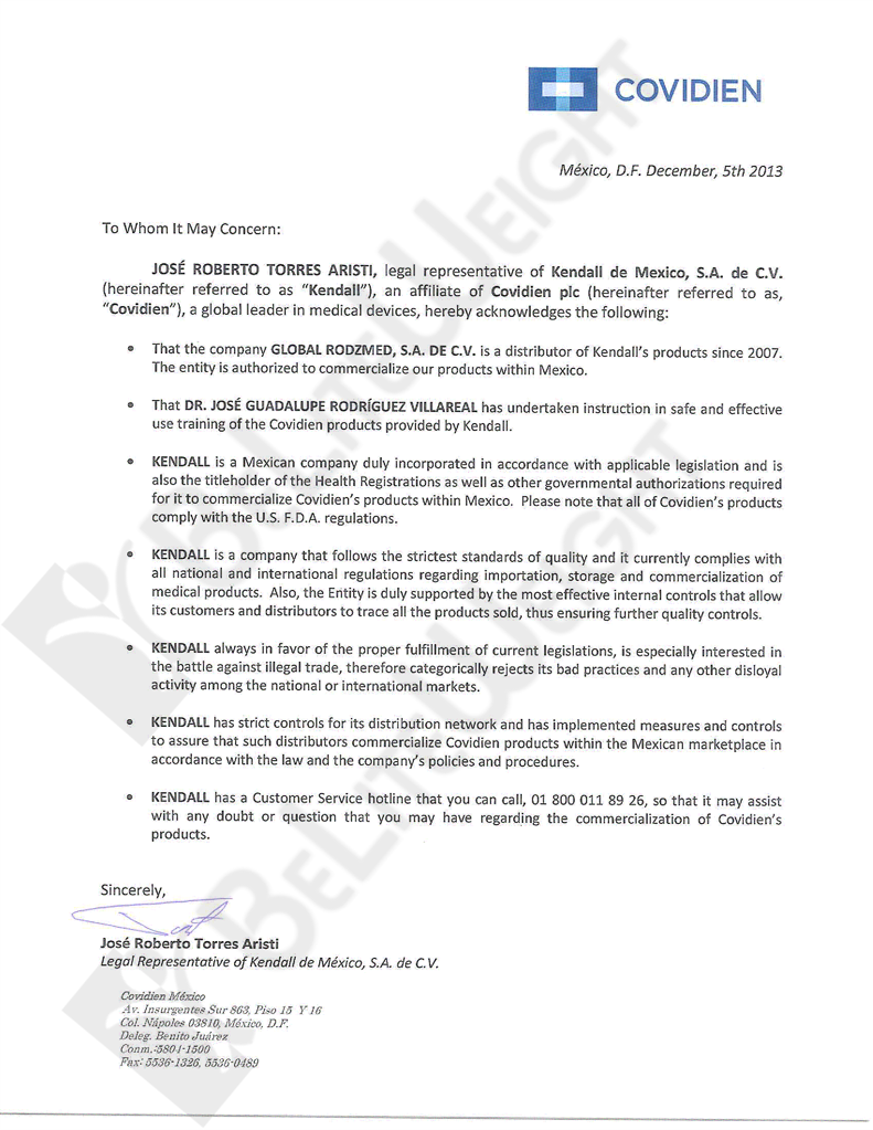 Covidien Mexico Certification Letter for Dr. Jose Rodriguez Villarreal