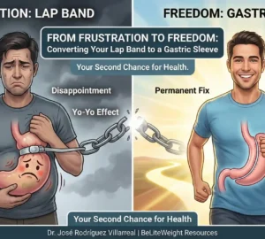 Failed Lap Band? Infographic illustrating the conversion from Lap Band to Gastric Sleeve surgery. The 'Frustration' side depicts Lap Band complications like pain, reflux, and the yo-yo effect. The 'Freedom' side shows Gastric Sleeve benefits, including permanent results, reduced hunger hormones, and superior weight loss. Titled \"From Frustration to Freedom,\" it promotes revision surgery as a second chance for health with Dr. José RodrÃguez Villarreal and BeLiteWeight Resources.
