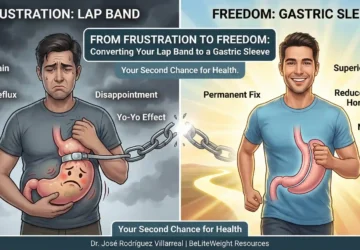 Failed Lap Band? Infographic illustrating the conversion from Lap Band to Gastric Sleeve surgery. The 'Frustration' side depicts Lap Band complications like pain, reflux, and the yo-yo effect. The 'Freedom' side shows Gastric Sleeve benefits, including permanent results, reduced hunger hormones, and superior weight loss. Titled \"From Frustration to Freedom,\" it promotes revision surgery as a second chance for health with Dr. José Rodríguez Villarreal and BeLiteWeight Resources.
